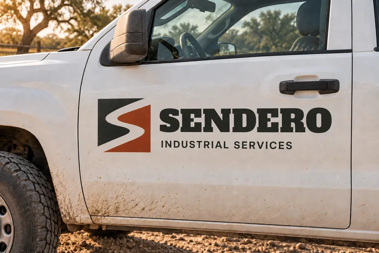 Illustrative brand mockup showing the selected Sendero S-path logo on a white truck door