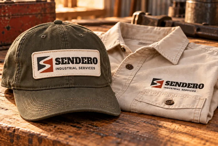 Illustrative mockup of an olive cap and bone-colored work shirt displaying Sendero’s selected logo